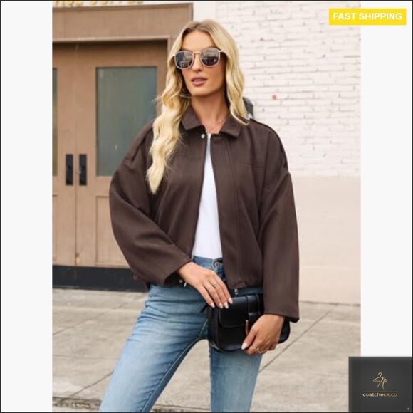 Faux Suede Bomber Jacket Cropped Oversized Aviator Style Casual Chic - Picture 3 of 7